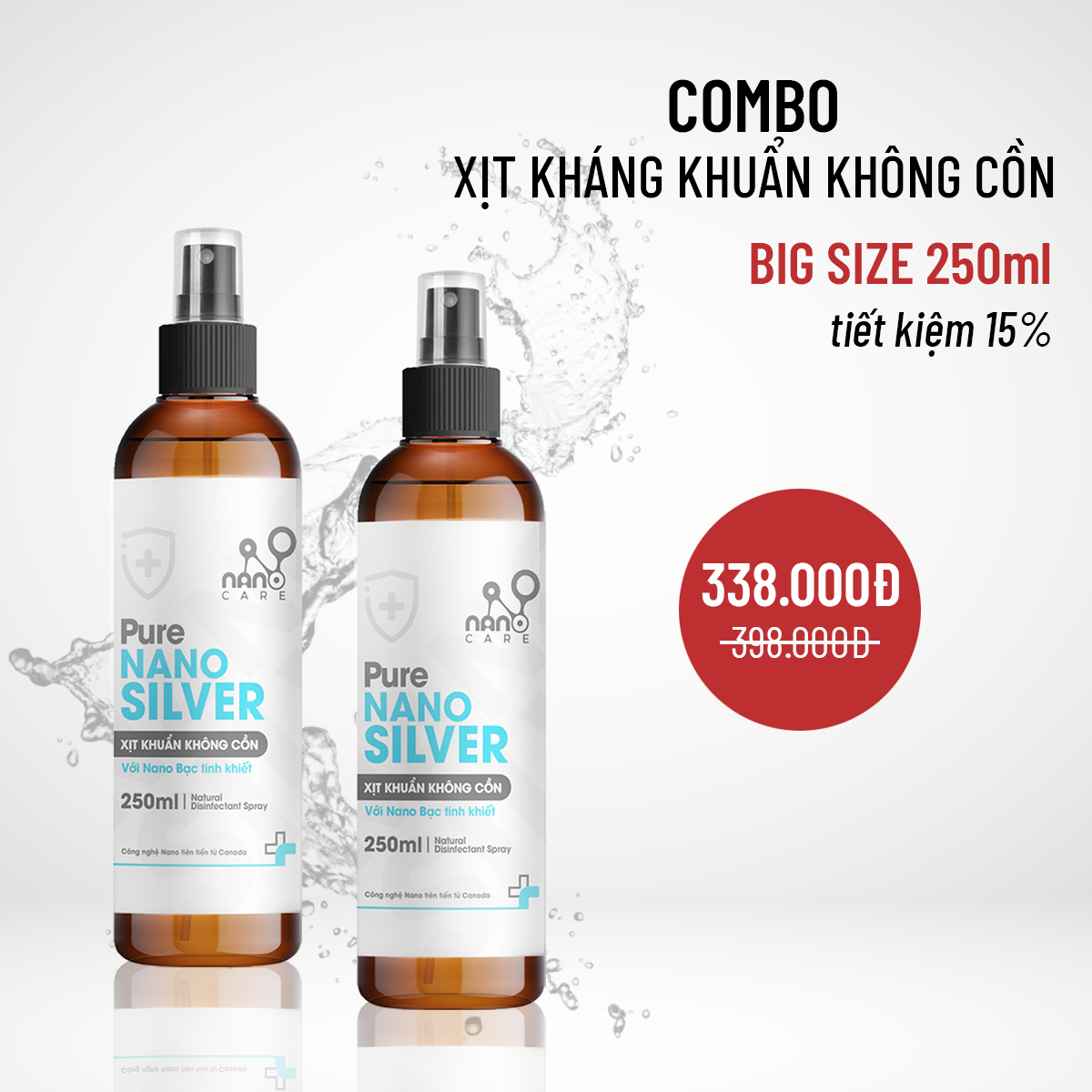 COMBO Xịt kháng khuẩn không cồn Pure Nano Silver 250ml