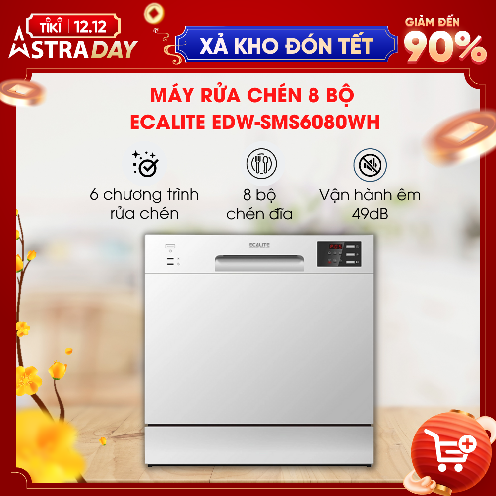 Máy Rửa Chén Ecalite EDW-SMS6080WH (Trắng) - 8 Bộ - 6 Chương Trình Rửa - Hàng Chính Hãng