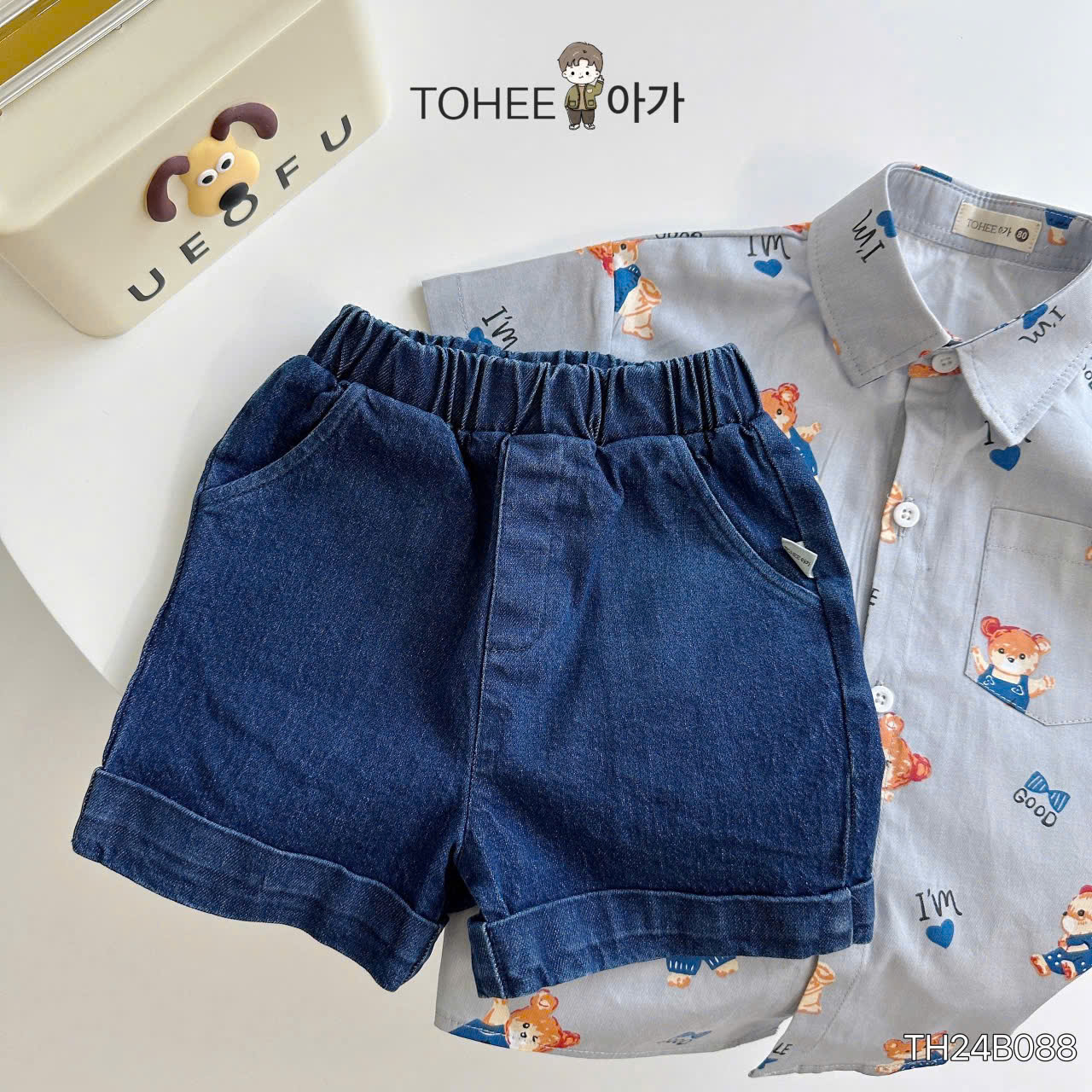 Set bộ cho bé trai áo sơ mi phối quần jeans họa tiết gấu từ 10-25kg chất vải mềm mát