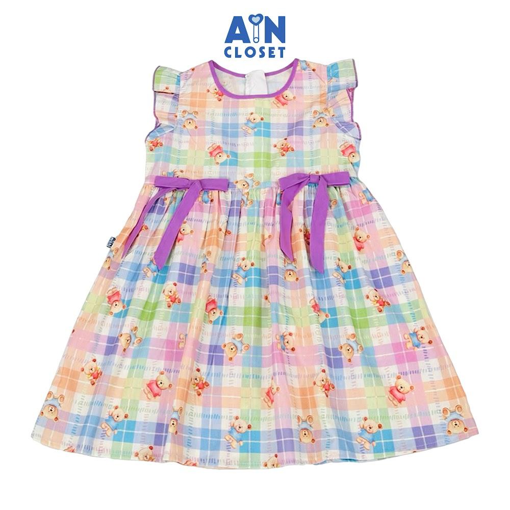 Đầm bé gái họa tiết Caro Gấu Tím cotton - AICDBGLJRGQE - AIN Closet