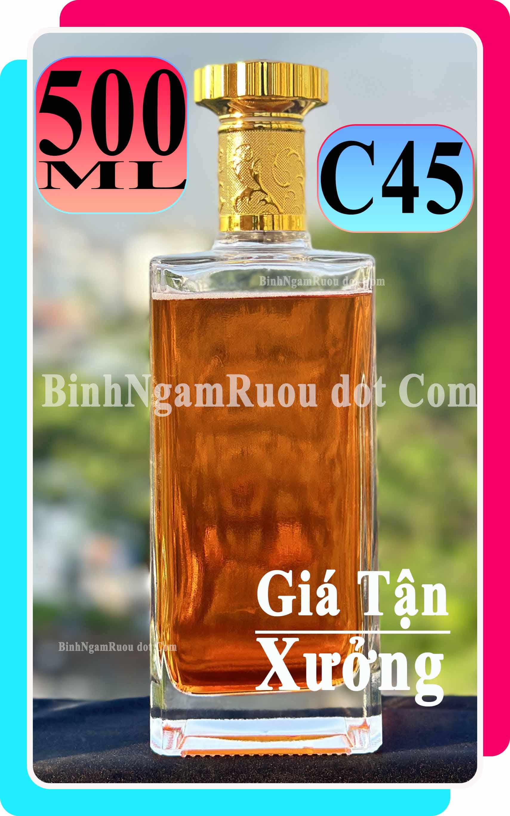 C45 Chai Đựng Rượu Thủy Tinh Trí Da Nắp Nhựa Vàng Cao Cấp 500ml - Đẹp Cao Cấp - Nắp Kín Thủy Tinh Trong - Tặng Biếu Sang Trọng