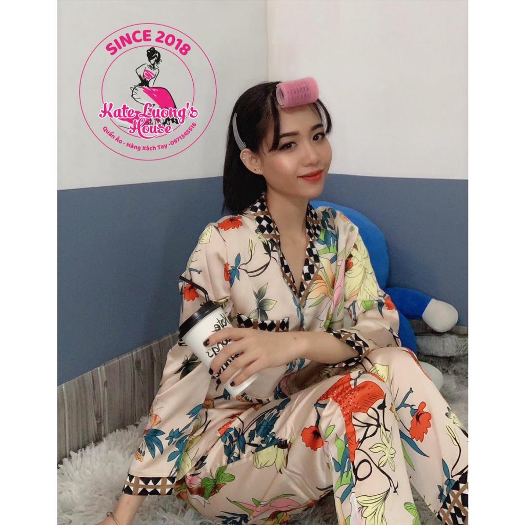 3.14. KLHSTORE2018 Bộ ngủ Pijama satin có 2 túi hoạ tiết hoa hồng NUDE chạy viền cổ sọc