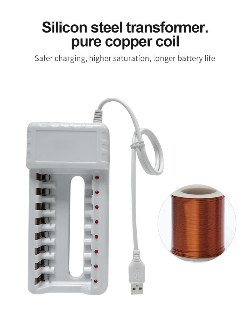 Pujimax sạc pin sạc đầu ra USB 8 khe bảo vệ ngắn mạch sạc nhanh phù hợp với công cụ pin AAA/AA Màu sắc: Trắng