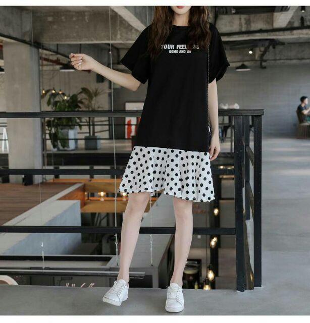 Đầm nữ dáng suông chấm bi, đầm thun nữ dáng suông