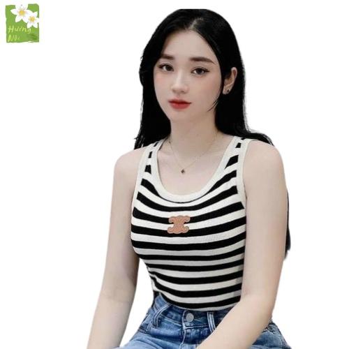 Áo ba lỗ len nữ sát nách sọc ngang trắng đen