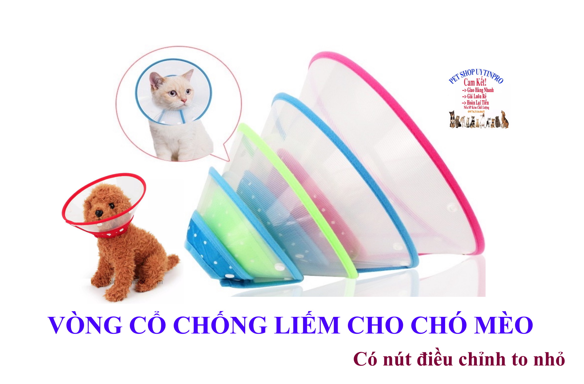 Vòng cổ chống liếm cho Chó Mèo Chất liệu nhựa trong suốt an toàn, Có nút bấm để điều chỉnh cho phù hợp với Thú cưng