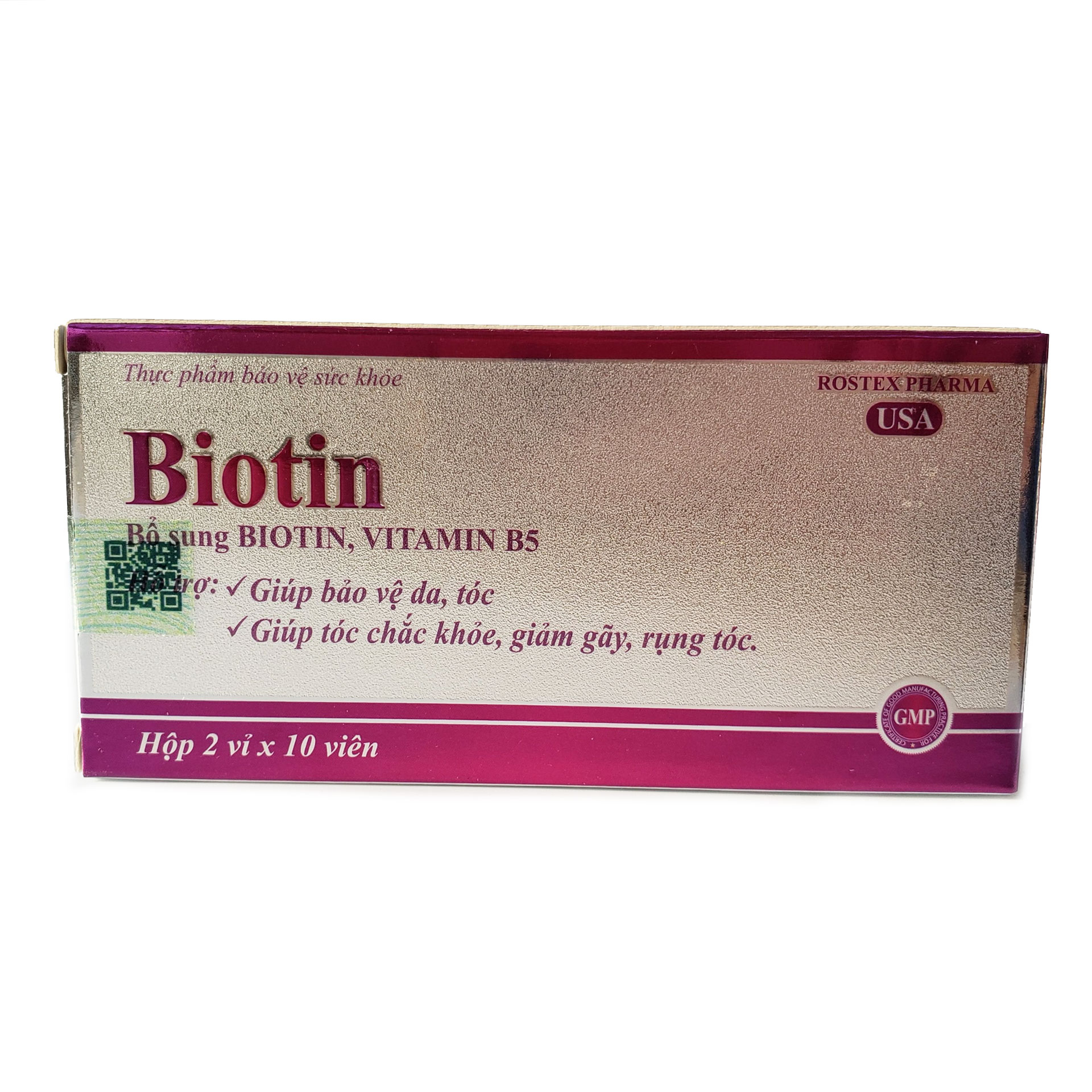 Viên uống bổ sung Biotin, Vitamin B5 Rostex giúp tóc chắc khỏe, giảm gãy rụng tóc, bảo vệ da tóc - Hộp 20 viên