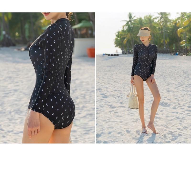 Monokini đồ bơi liền tay dài chấm bi trắng kéo khoá ngực