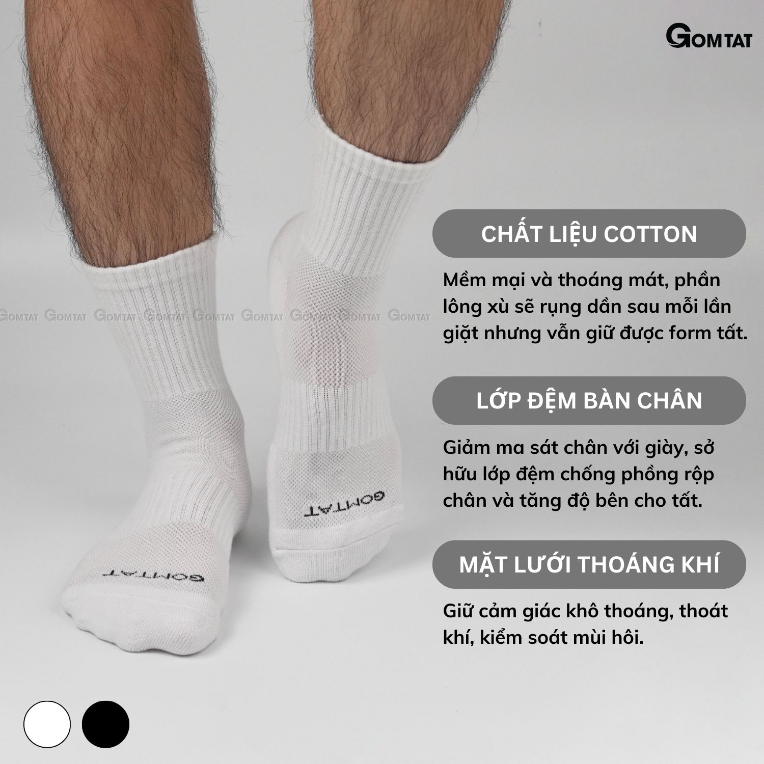 Combo 10 đôi vớ trắng GOMTAT nam nữ cổ cao, chất liệu cotton mềm mại, có lót xù êm chân - NGAN-STA-5009-TRANG-CB10