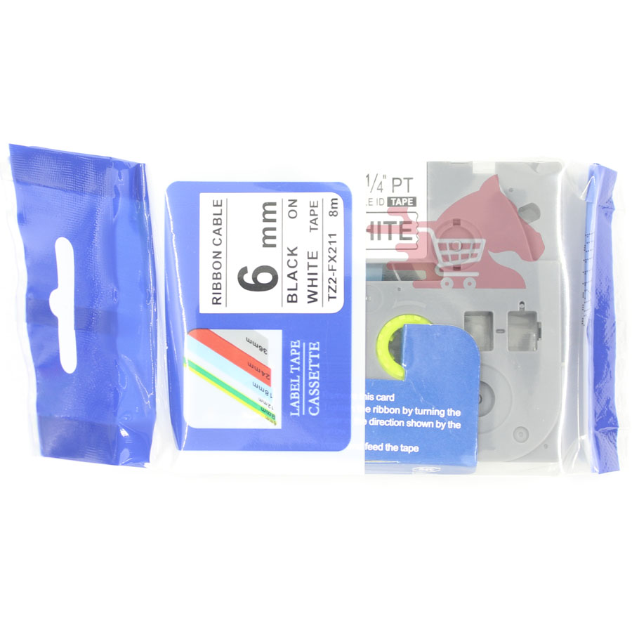 Nhãn in TZ2-FX211, Khổ 6mm, dài 8 m, chữ đen nền trắng, siêu dẻo, nhãn đa lớp, bám dinh cao.