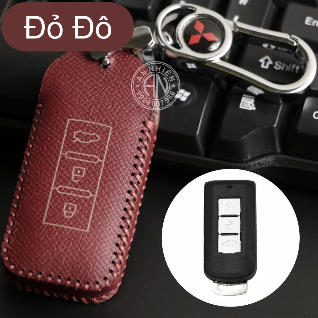 Bao da dành cho móc khoá bọc ốp chìa khóa xe ô tô Mitsubishi Attrage, Outlander, Pajero, da bò, nhiều màu, khâu thủ công Mitsu2