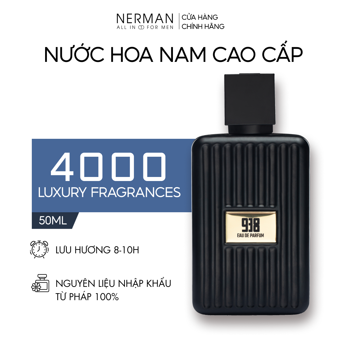 Nước hoa nam chính hãng Nerman - hương thơm nhẹ nhàng, tinh tế thu hút nữ giới, phù hợp đi hẹn hò, đi chơi, đi làm lưu hương tới 8h 50ml