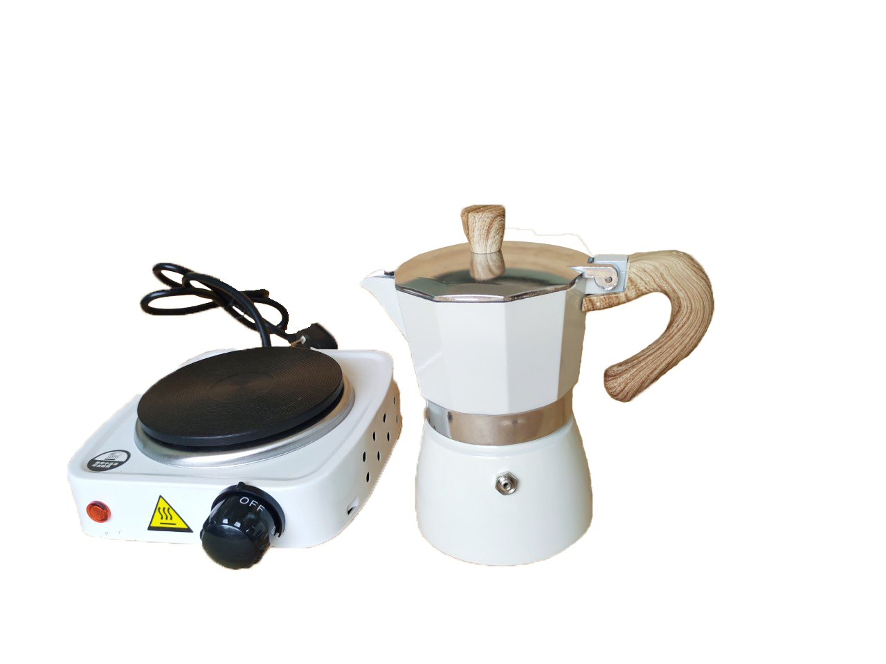 Bộ bếp điện mini và bình pha cà phê espresso Ý màu trắng sữa