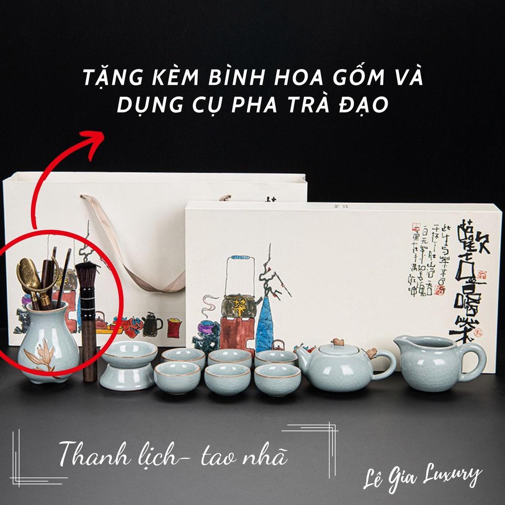 (Tặng kèm dụng cụ trà đạo) Bộ ấm chén uống trà cao cấp Men rạn, Bộ ấm chén trà đạo phong cách Nhật Bản, Bộ ấm chén cao cấp