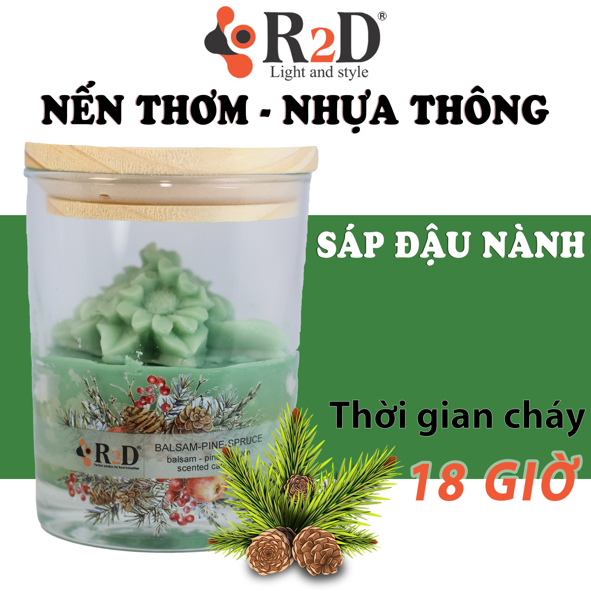 Nến Thơm Tinh Dầu Thông -BALSAM &amp; PINE, Làm Thơm Phòng, Thư Giãn, Chính Hãng Từ Thương Hiệu R2D, Thành Phần Tự Nhiên, Lành Tính