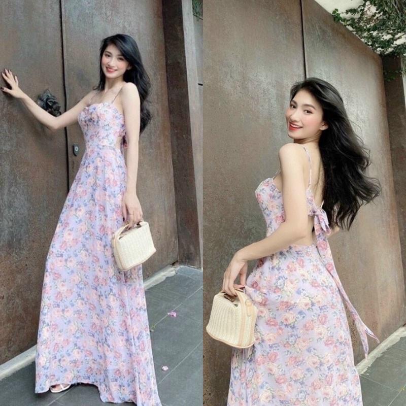 Đầm maxi cột nơ lưng đi biển xinh yêu chất voan hoa có lót và sẵn bra ngực TRIPBLE T DRESS - size M/L - MT1