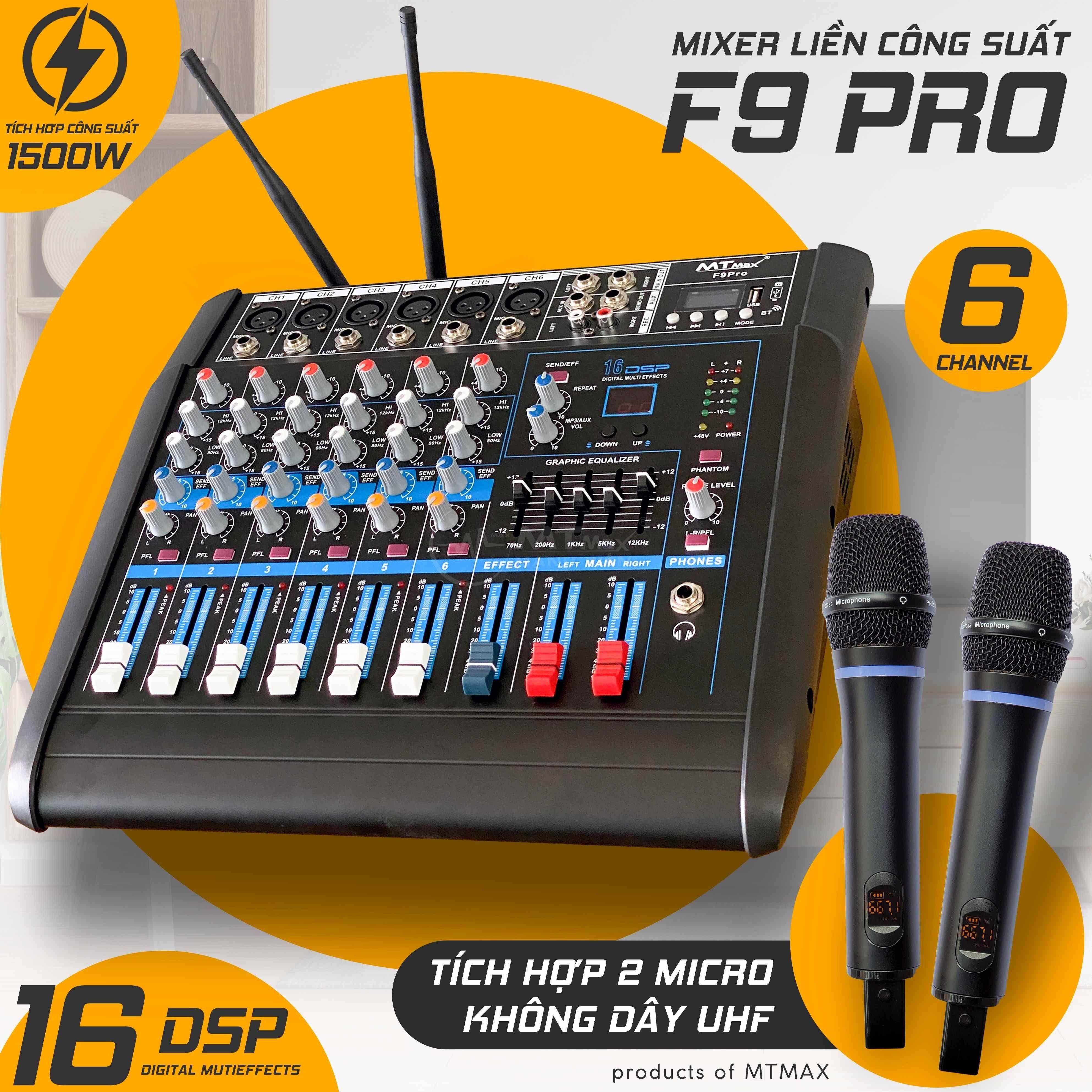 Mixer MTMax F9 Pro liền công xuất chuyên nghiệp tích hợp nhiều chức năng EQ reverb delay echo 16 chế độ kèm 2 micro không dây