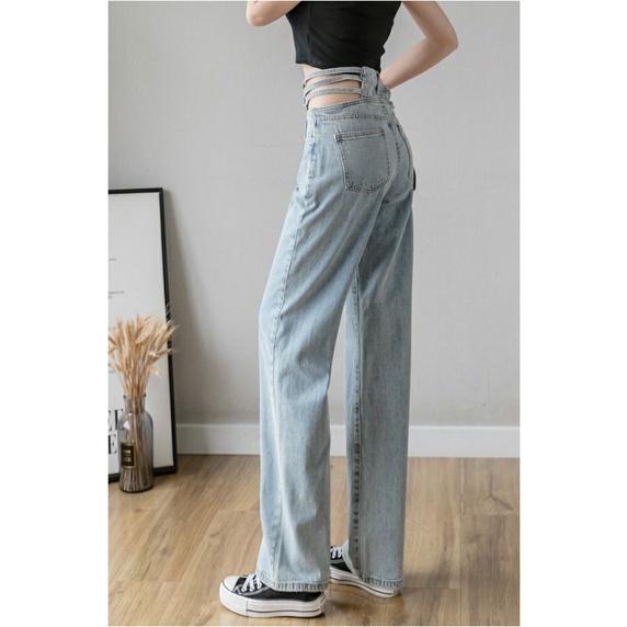 Quần jeans nữ ống rộng khoét eo đan dây