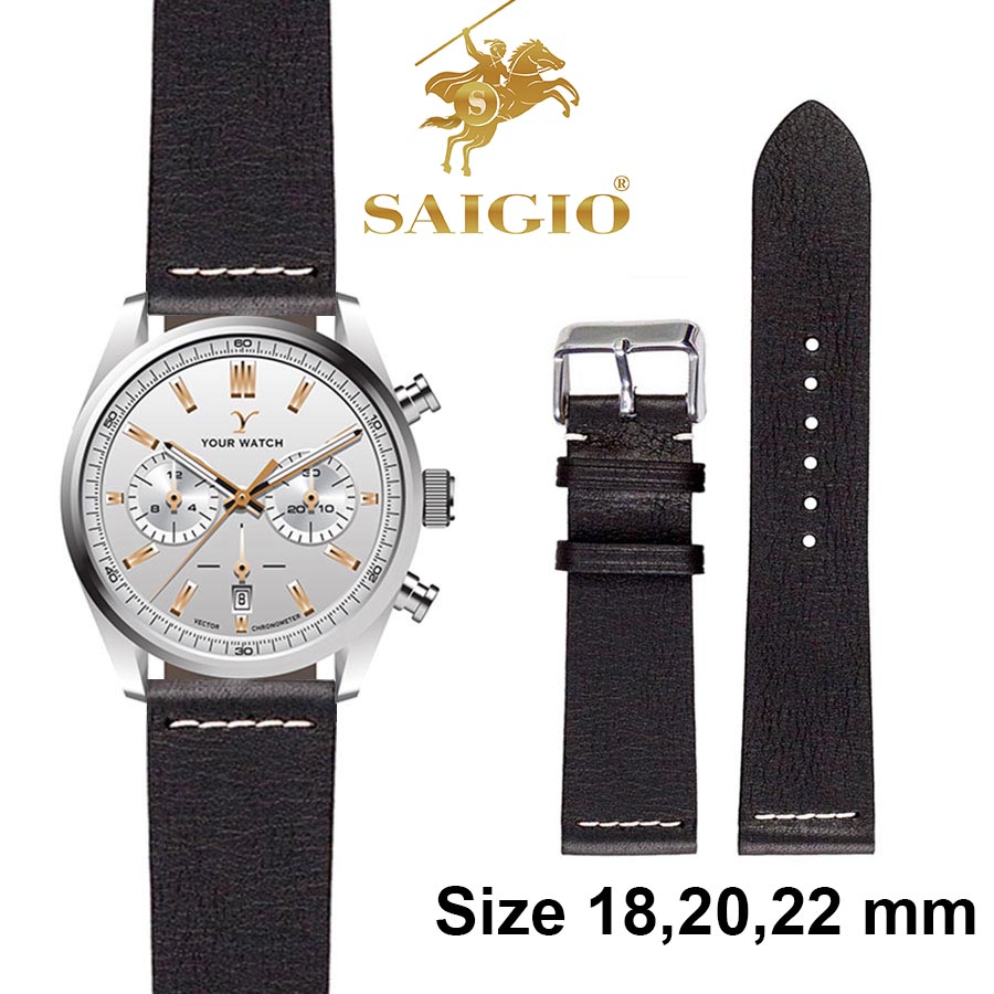 Dây Đồng Hồ Da Bò Cao Cấp, Kiểu VINTAGE THREAD Phẳng Mỏng, Mặt Lót Chống Thấm Mồ Hôi, Tích Hợp Lớp Gia Cố Chống Giãn Đặc Biệt, Phụ Kiện Khóa và Chốt Bằng Thép Không Gỉ 316L – Hàng Chính Hãng SAIGIO – Đen  Khóa Bạc – 20-18mm