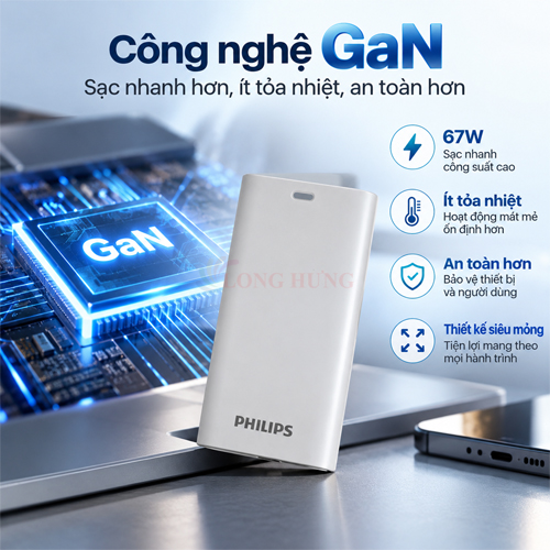 Cốc sạc Philips GaN Ultra-Slim 1USB 1Type-C Travel Charger 67W DLP43N - Hàng chính hãng