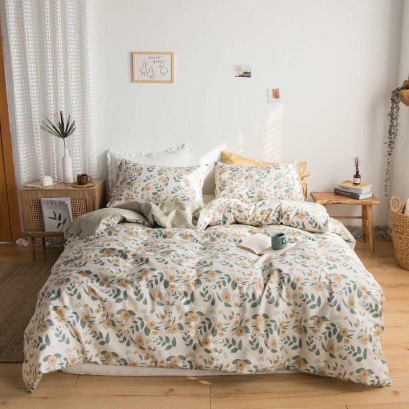 Set Chăn Ga Gối Cotton Living Hàng Nhập khẩu Cao Cấp 4 Món Hoa trắng Vintage