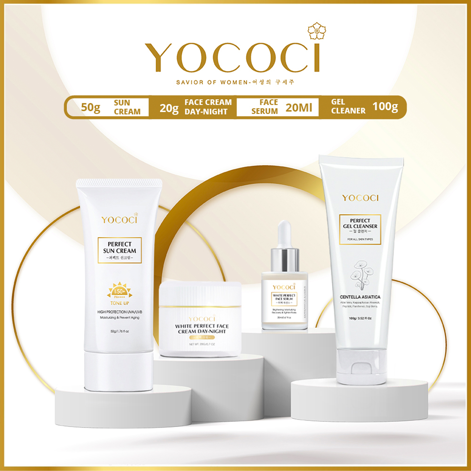 Bộ 4 Sản Phẩm YOCOCI Gồm 1 Gel Rửa Mặt 100g, 1 Kem Face 20g, 1 Kem Chống Nắng 50g & 1 Serum 20ml 