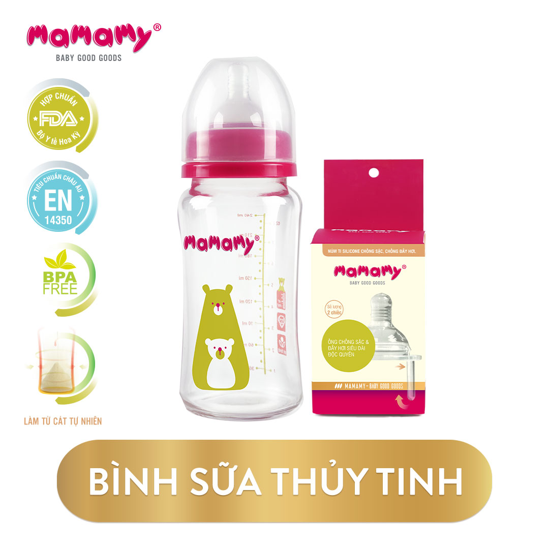 Bình sữa thủy tinh chống sặc và đầy hơi Mamamy 240ml và 1 Hộp núm ti đầy đủ size