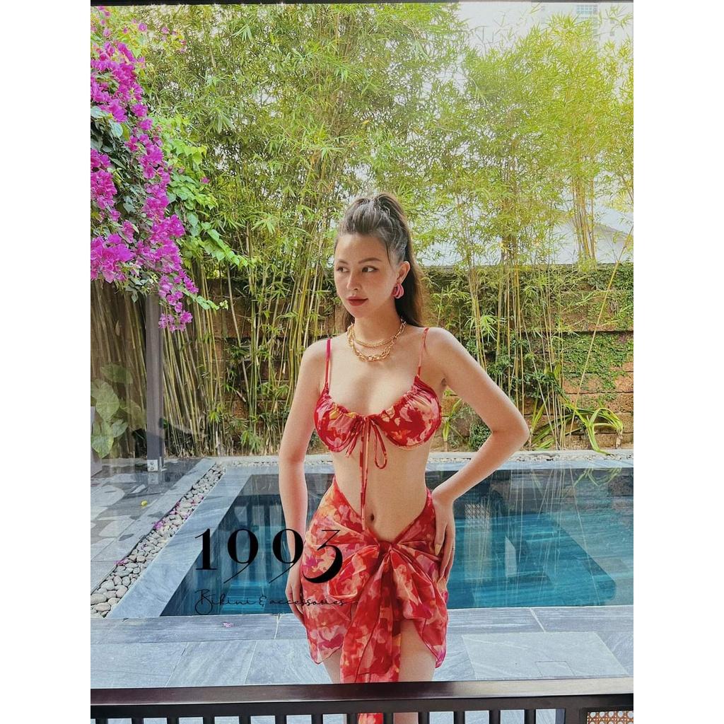 SET BIKIBI, ĐỒ BƠI ĐI BIỂN 3 MÓN ÁO GỌNG HOA  ĐỎ QUẦN TAM GIÁC KHOEN  KÈM KHĂN MẪU MỚI SEXY ODERI