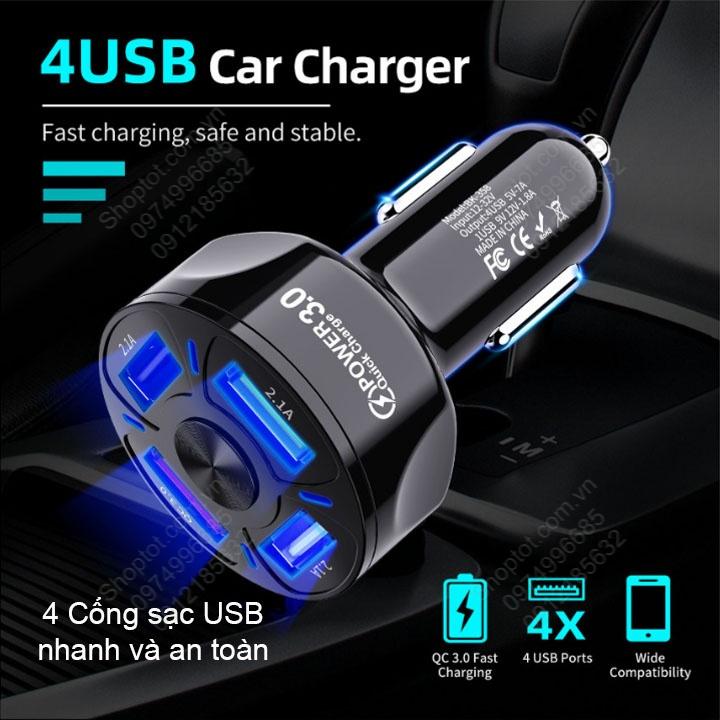 Đầu sạc nhanh xe hơi với 04 cổng USB, điện áp vào 12-24V