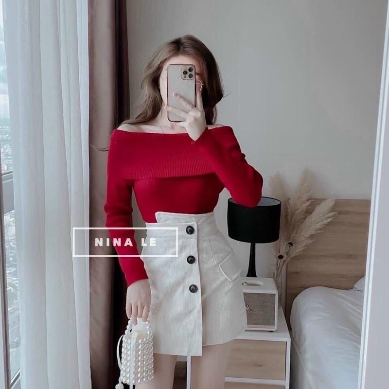 Áo len nữ dài tay cổ đổ bẹt vai sexy hàng len QC