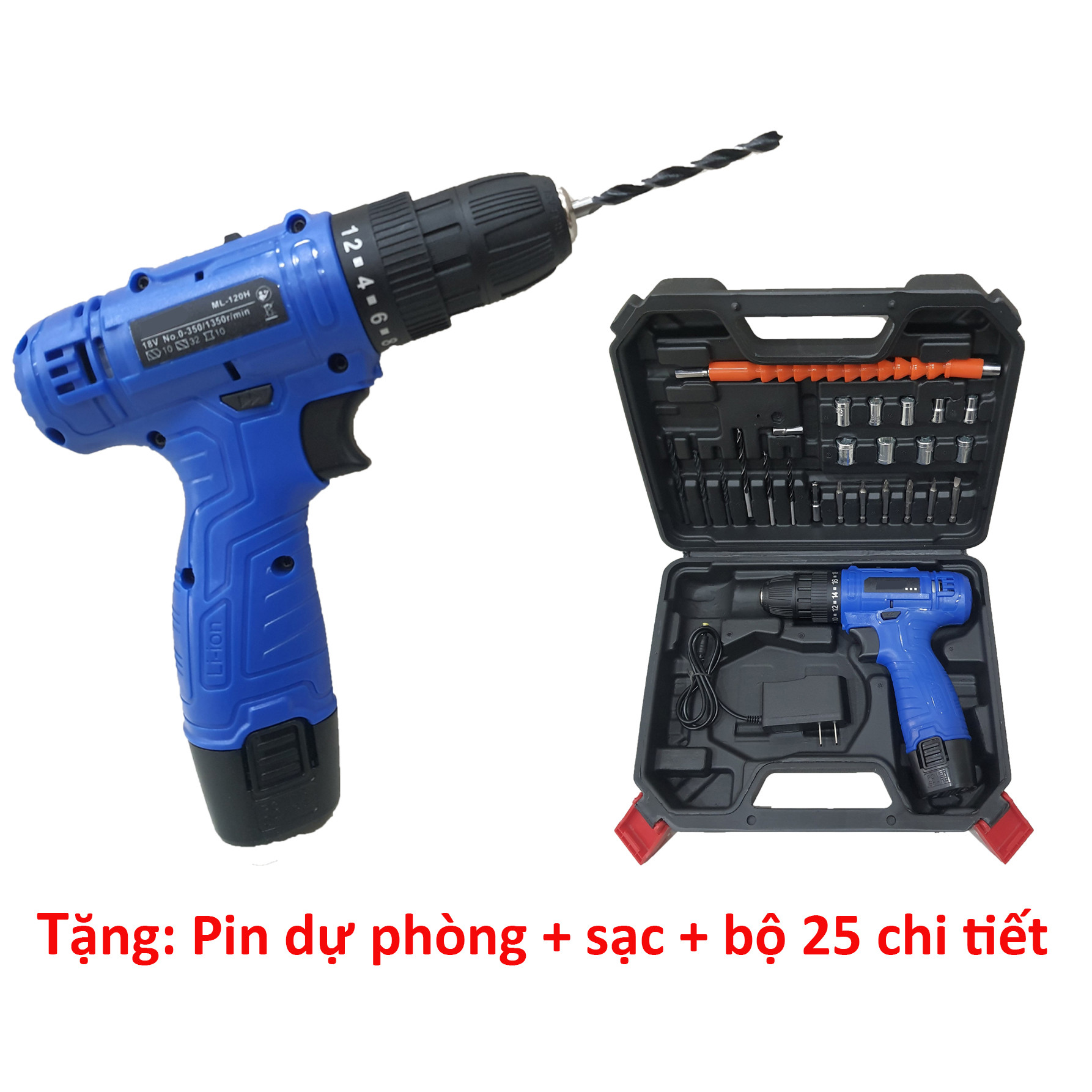 Máy khoan pin 12v tặng kèm pin dự phòng+ 1 sạc+ 25 chi tiết tháo mở ốc vít và vali nhựa chuyên dụng, máy bắn vít pin, máy bắt vít dùng pin, máy khoan cầm tay, khoan pin cầm tay