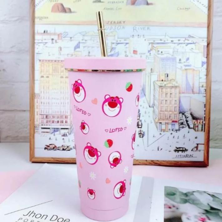 LY GIỮ NHIỆT HÌNH GẤU DÂU LOSTO ĐÁNG YÊU DUNG TÍCH 750ML SUS304 CHỐNG HOEN GỈ GIỮ NHIỆT SUỐT 8-12H TẶNG KÈM ỐNG