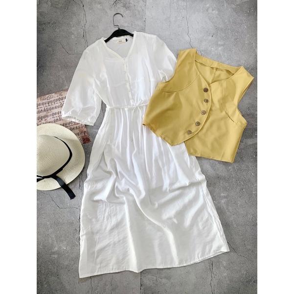 Set đầm midi trắng-gile vàng