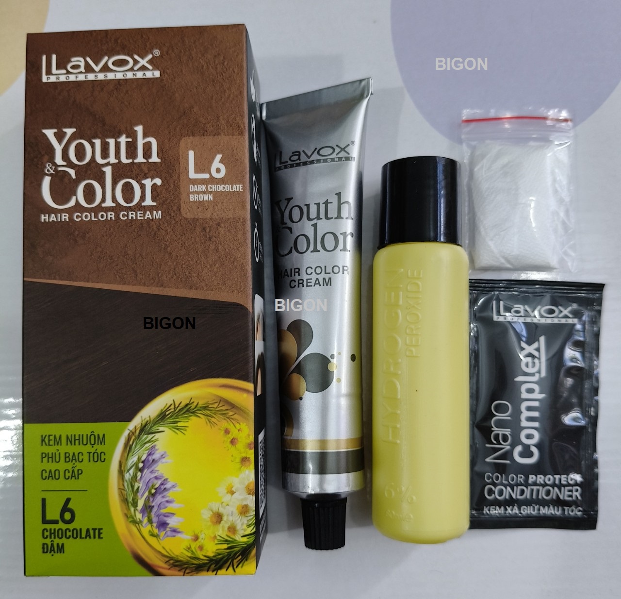 (Nâu Chocolate Đậm) Kem Nhuộm Dưỡng Tóc Phủ Bạc Lavox Youth&amp;Color L6 - Màu Nâu Chocolate Đậm