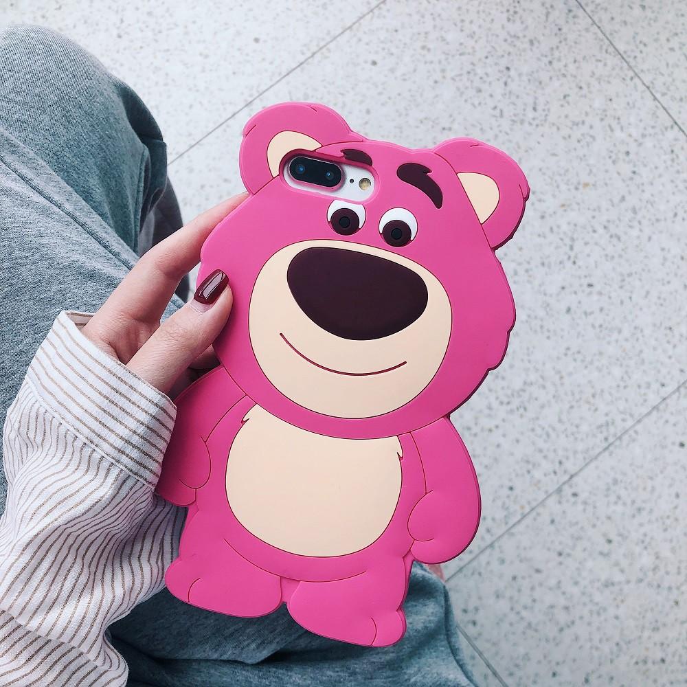 Ốp điện thoại bảo vệ hình chú gấu màu dâu tây 3D dễ thương dành cho iPhone 6 6s 7 8 Plus X Xs Max Xr 11 Pro Max