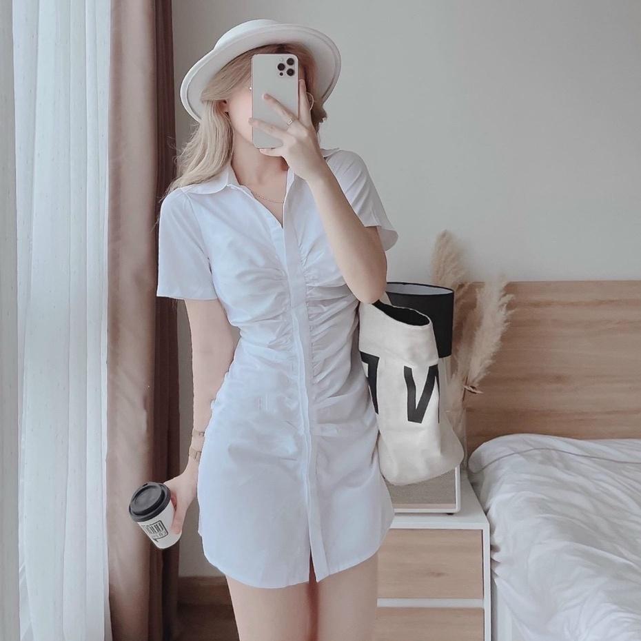 Đầm sơ mi nữ thời trang thiết kế nhún eo cài nút