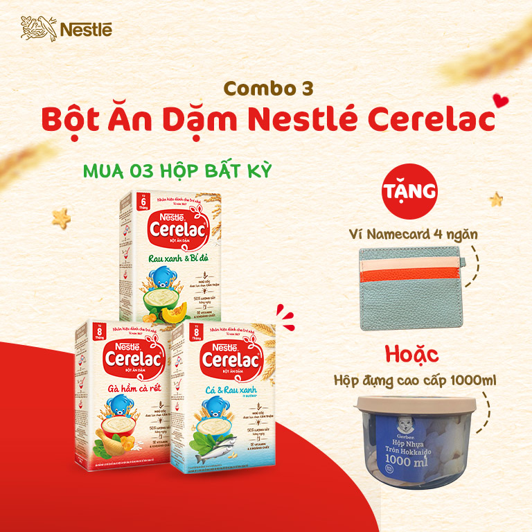 Combo 3 Bột Ăn Dặm Nestlé Cerelac Vị Rau Xanh Bí Đỏ 200gr/ Gà Hầm Cả Rốt 200gr / Cá Rau Xanh 200gr + Tặng Đồ Dùng Cho Mẹ Ngẫu Nhiên