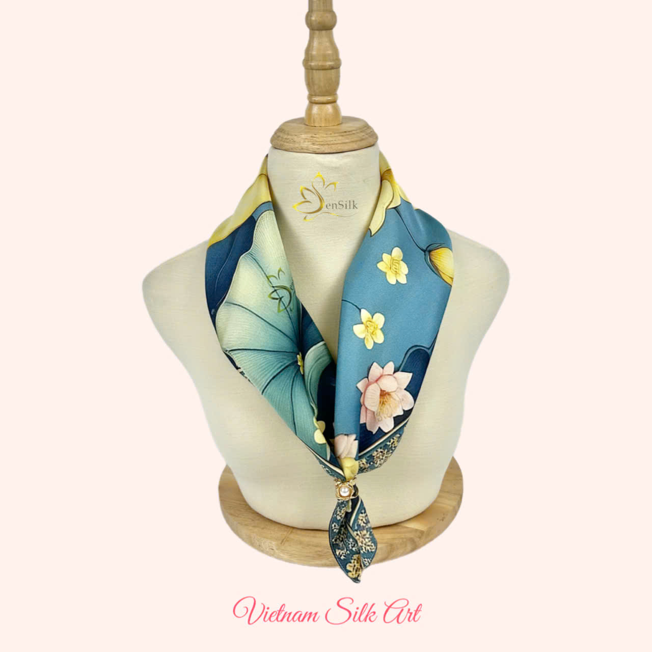 100% Silk Printed Scarf 3D Gold Lotus - Quà Việt Nam Đẳng Cấp - Khăn Lụa Vuông Thời Trang SenSilk 65x65cm