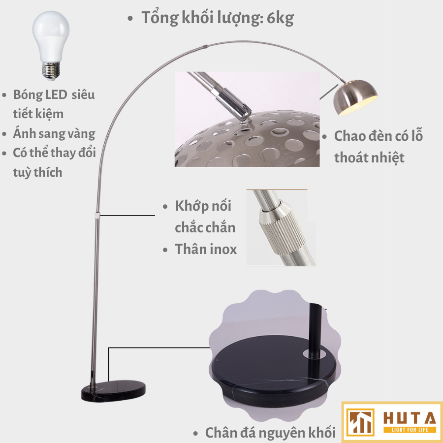 Đèn Cây Đứng HUTA KC3 Thân Cong Inox, Trang Trí Phòng Khách Phòng Ngủ, Sofa, Góc Tường, Cao Cấp Sang Trọng, Bóng Led Ánh Sáng Vàng Tiết Kiệm Điện