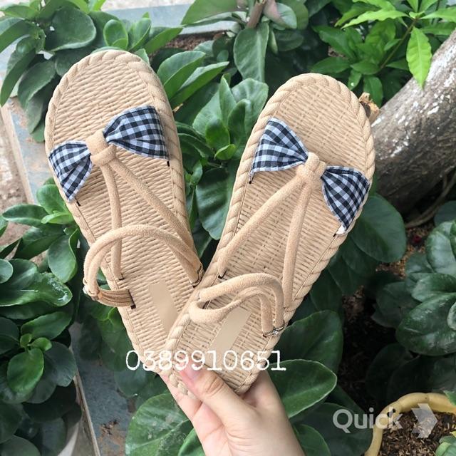 Dép sandal nữ nơ vải, đế cói 2 in 1 quai ngang phong cách hàn quốc HOT TREND 2020