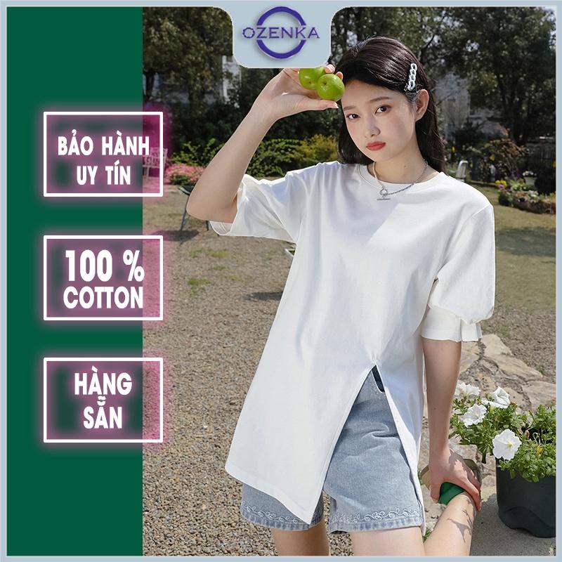 Áo thun nữ rộng tay lỡ oversize sẻ gấu OZENKA , áo phông cộc tay cổ tròn chất cotton dày đen trắng giá rẻ