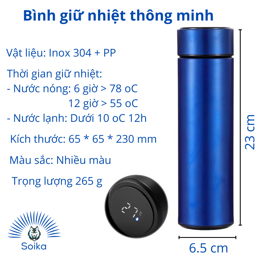 Bình Giữ Nhiệt Thông Minh SOIKA SB02500 Bằng Thép Không Gỉ Inox 304 500ml Nhiều Màu