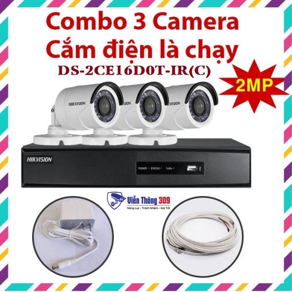 Trọn bộ 3 Camera 2MP DS-2CE16D0T-IRP + Đầu ghi hình Hikvision, có sẵn phụ kiện, cắm điện là chạy - Hàng chính hãng