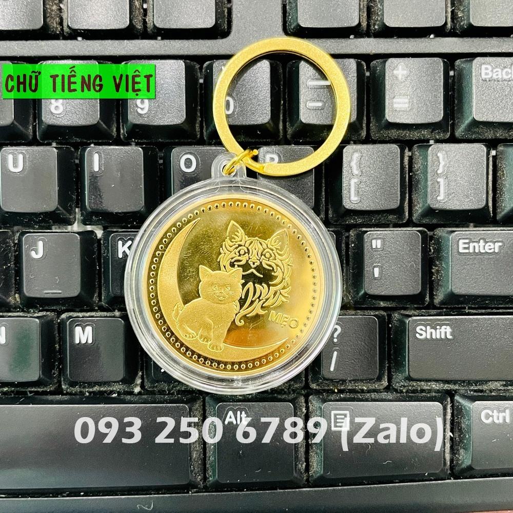 Móc Khóa Đồng Tiền Xu Con Mèo Mạ Vàng Quà tặng May Mắn Lì Xì Tết