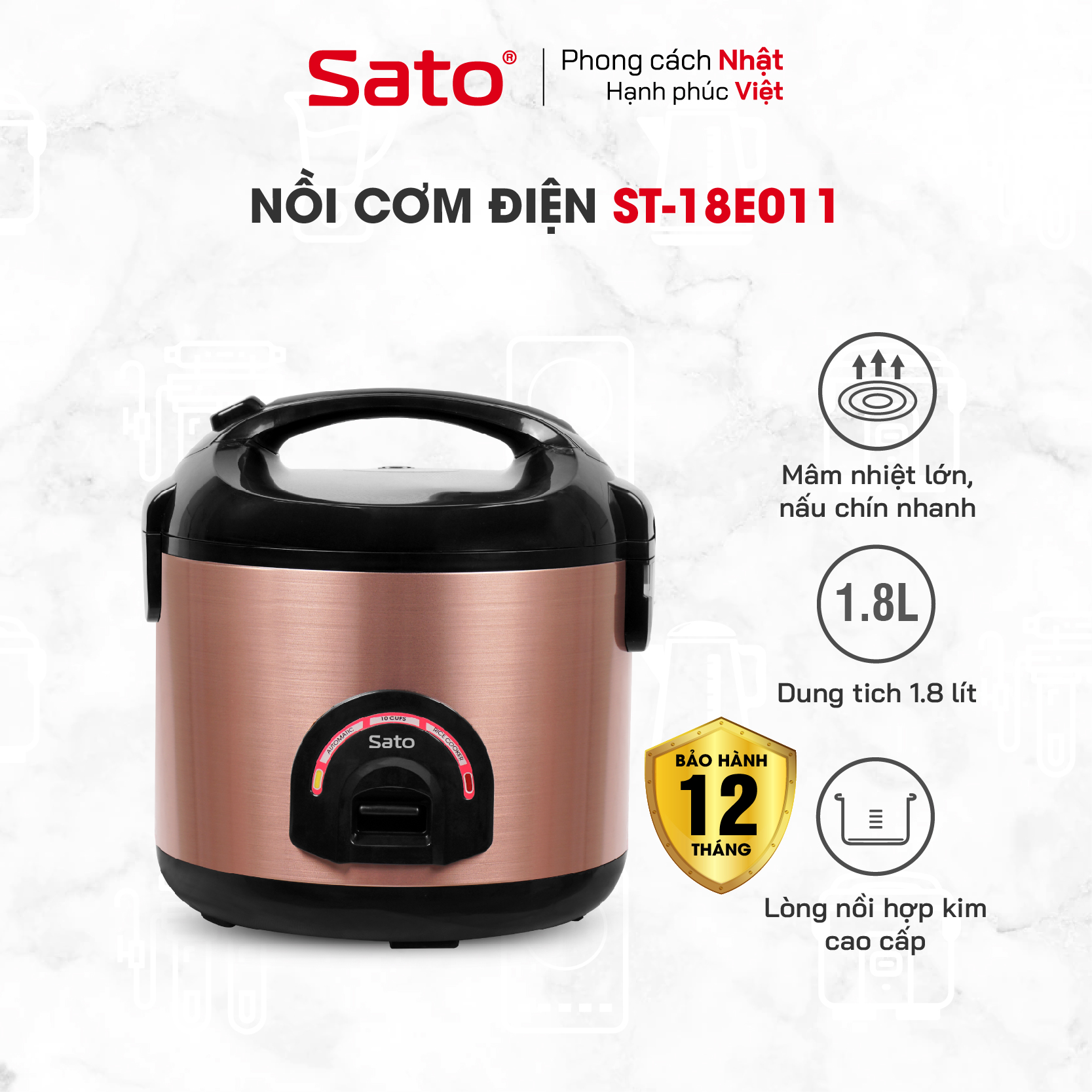 Nồi Cơm Điện SATO 18E011 1.8L - Thiết kế nắp gài chắc chắn, chống tràn tốt, nút điều khiển đơn giản, tiện dụng - Miễn phí vận chuyển toàn quốc - Hàng chính hãng