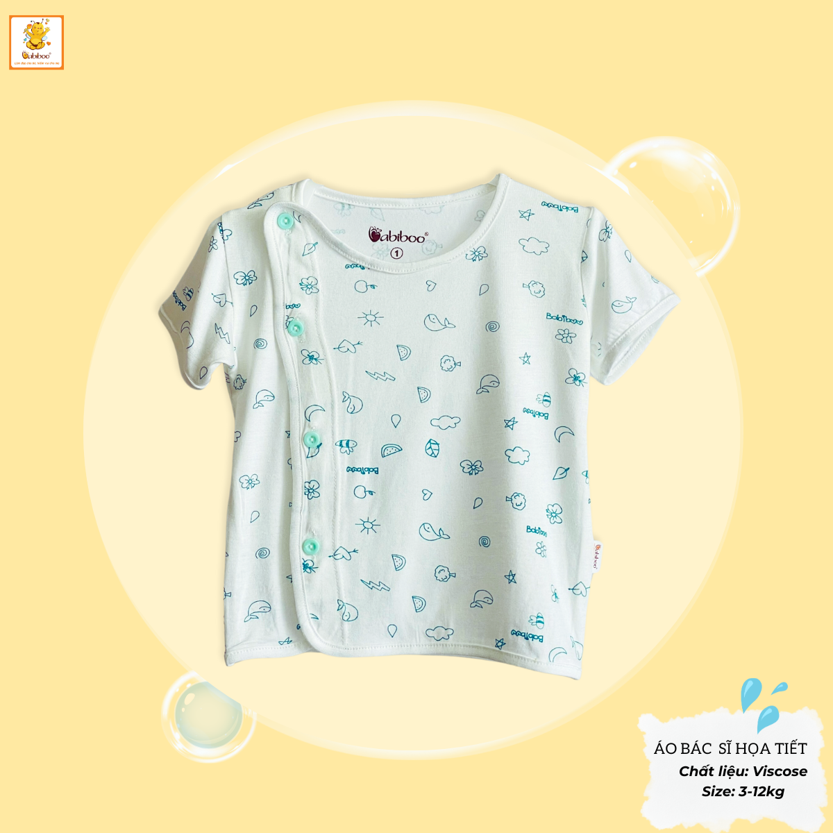 Áo sơ sinh tay ngắn Babiboo áo bác sĩ  vải visco mềm mịn, họa tiết xinh xắn BTK055