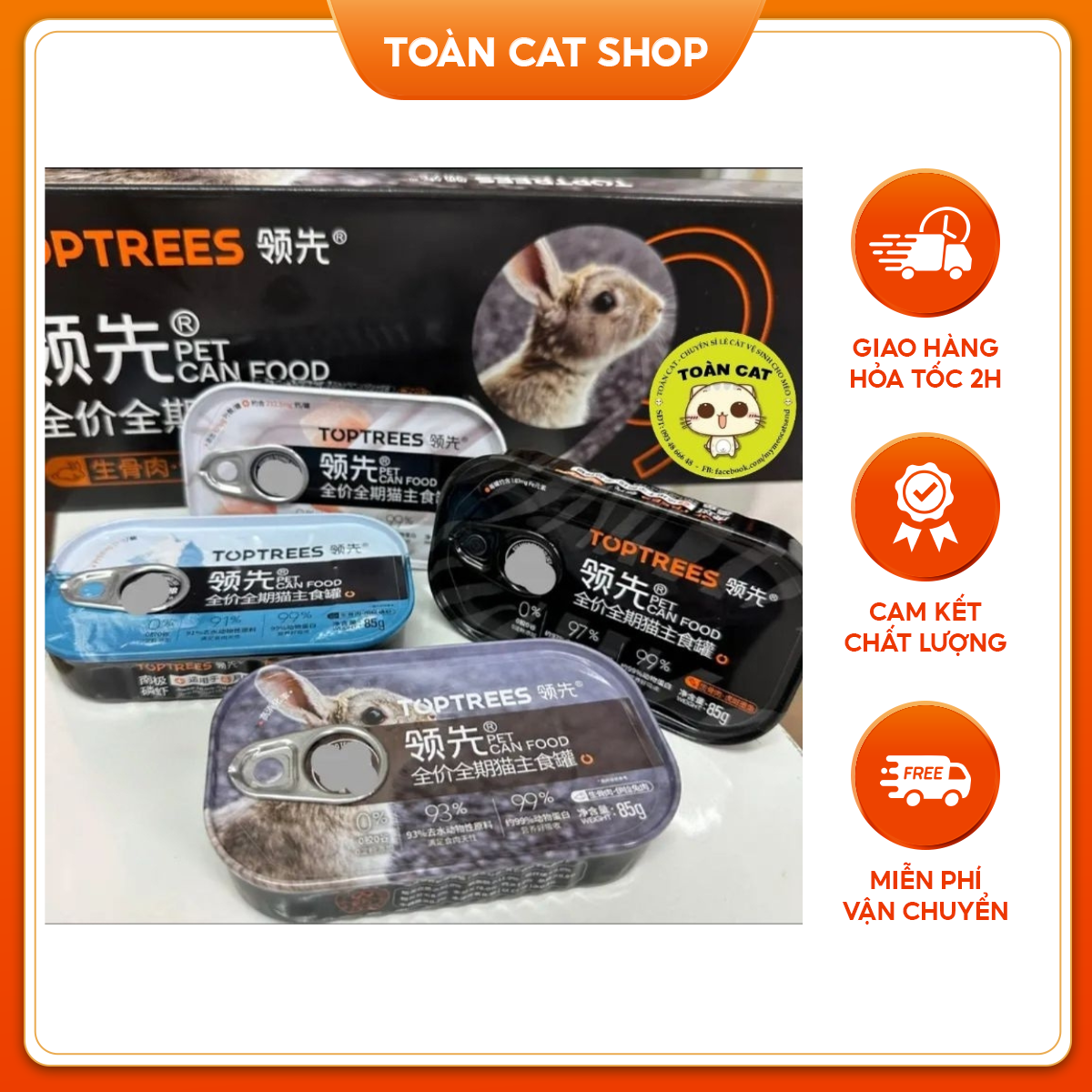 Pate Cho Mèo TopTrees Grainfree 55% Hộp 85g, Thức Ăn Cho Mèo Mọi Lứa Tuổi