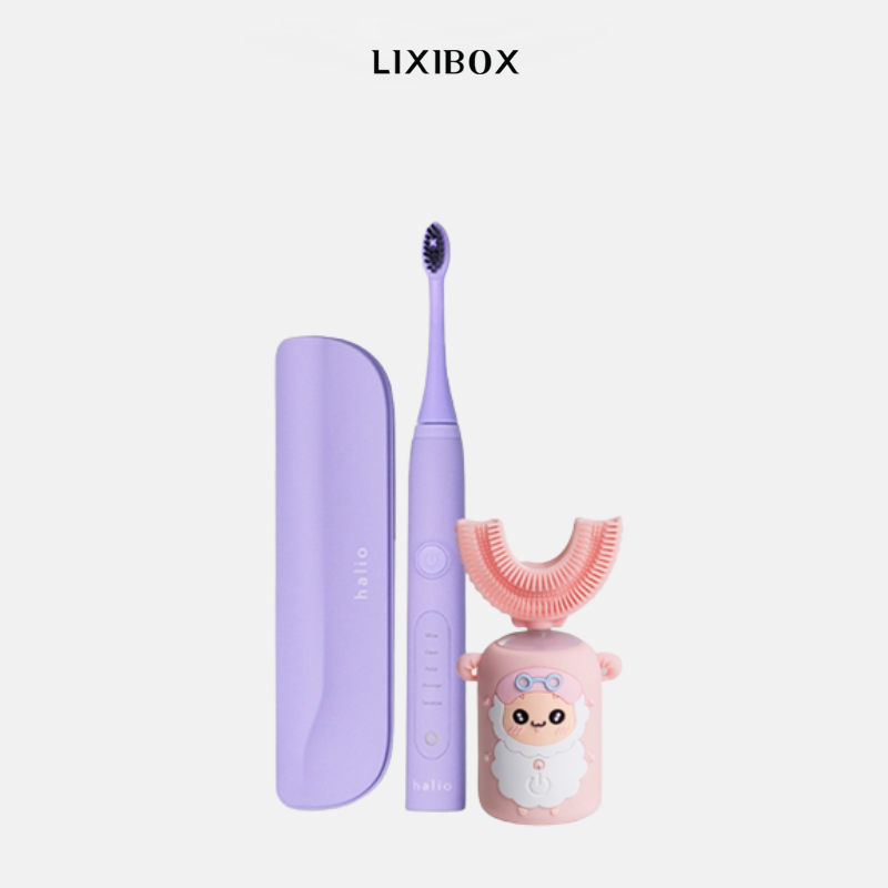 Combo Bàn Chải Đánh Răng Điện Chữ U Cho Bé Pink và Bàn chải điện Halio Periwinkle