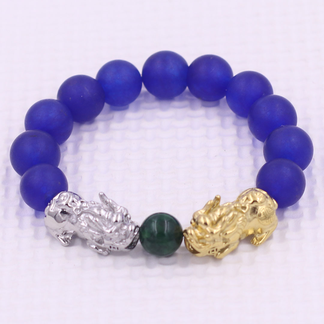 Vòng chuỗi đeo tay đa thạch anh xanh dương mờ 12 ly charm tỳ hưu đôi inox trắng và vàng, vòng chuỗi phong thủy, charm tỳ hưu, vòng tay hạt chuỗi