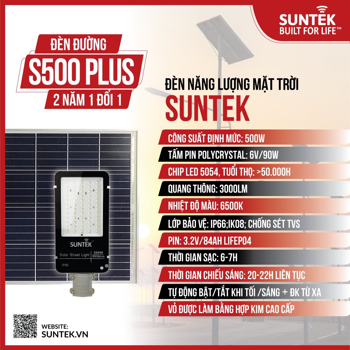 Đèn Đường Năng Lượng Mặt Trời SUNTEK LED Solar Street Light S500 Plus 500W - Chống Nước/Bụi/Sét | Chiếu sáng 22 giờ | Điều khiển Từ xa | Tự động Bật/Tắt khi trời Tối/Sáng - Hàng Chính Hãng - Bảo hành 2 năm 1 đổi 1